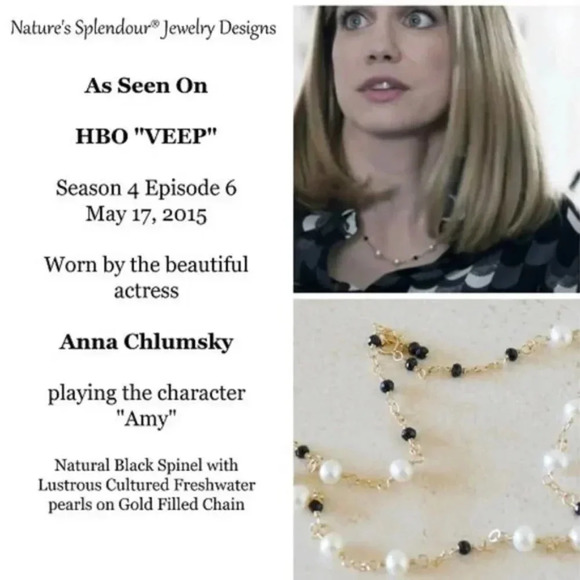 Design Worn On HBO VEEP Tin Cup Pearl Black Spinel Necklace, B & W Necklace - Picture 1 of 2